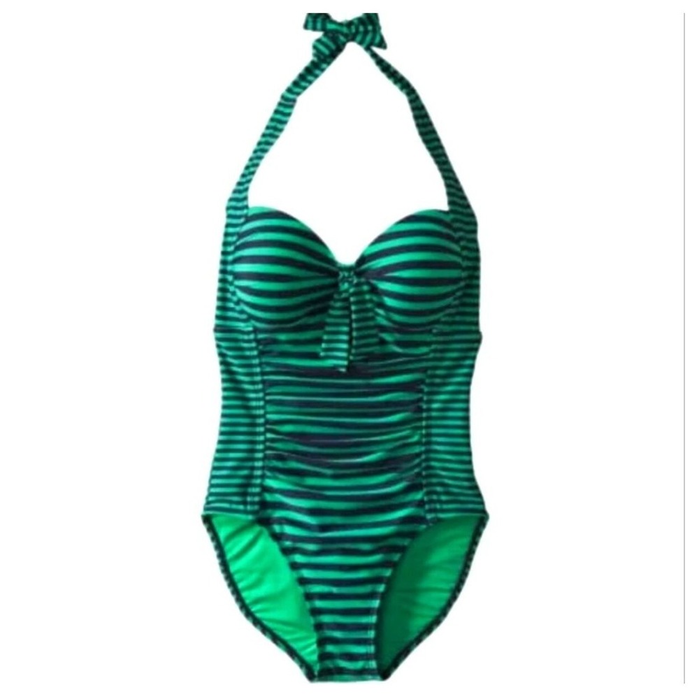 Merona Swimsuit Woman's Large Green Black Striped Halter Neck Rutched High Cut